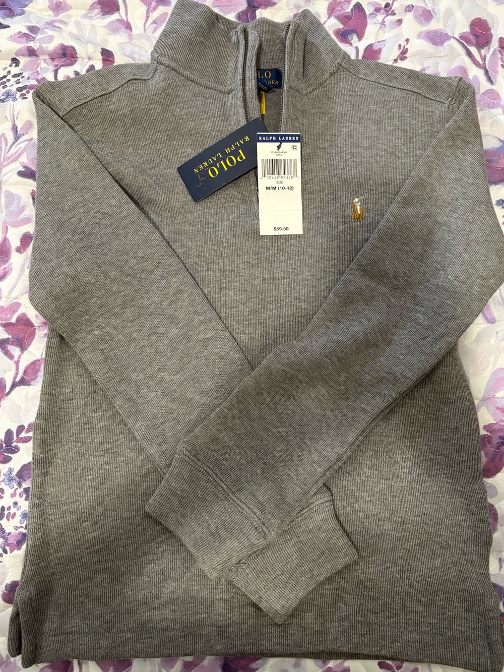 Ralph Lauren Gray Quarter-Zip Sweater with Pony Logo